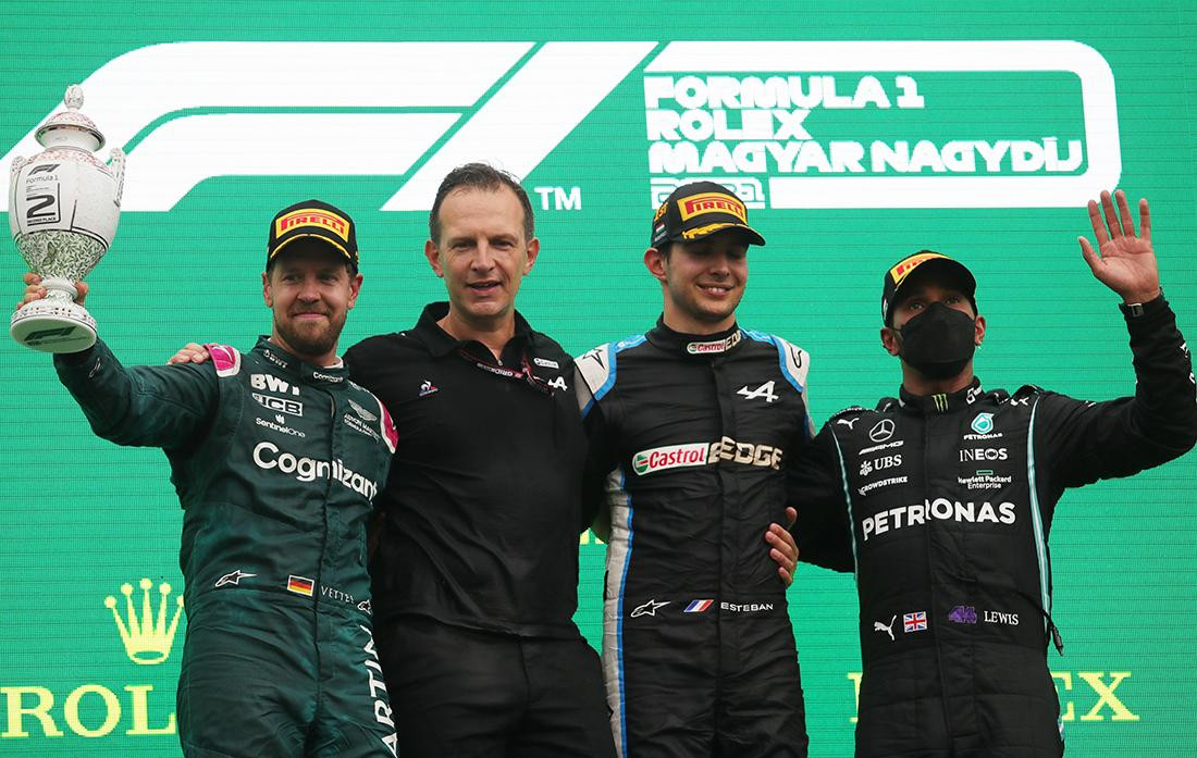 Gran Premio de Fórmula 1 de Hungría, Esteban Ocon, Podio con Vettel y Hamilton, Reuters
