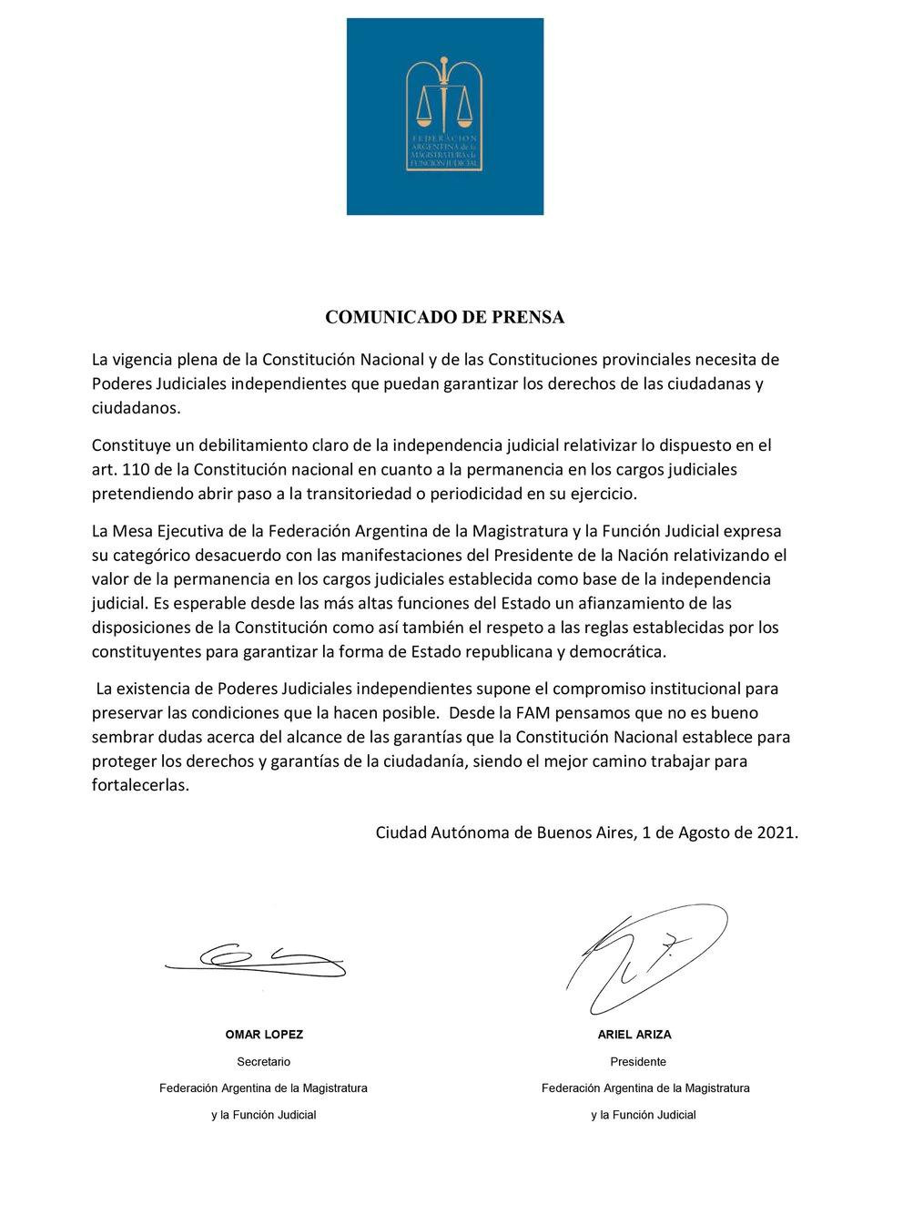Carta de Federación Argentina de la Magistratura y la Función Judicial al presidente Alberto Fernández