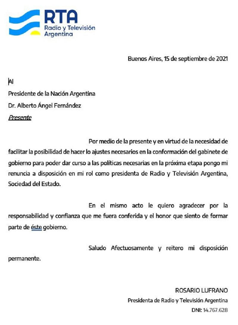 Carta de Rosario Lufrano a Alberto Fernández.