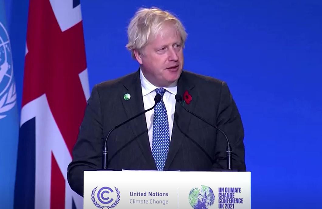 Boris Johnson en Cumbre Climática de Glasgow, foto captura video Reuters