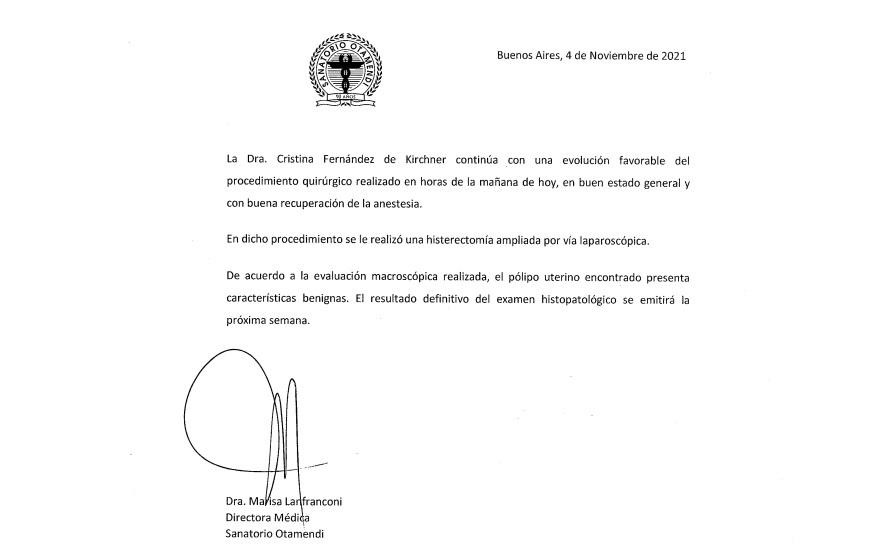 Parte médico de Cristina Fernández de Kirchner