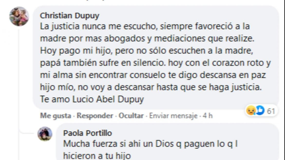Christian Dupuy recordó en Facebook a su hijo asesinado a golpes