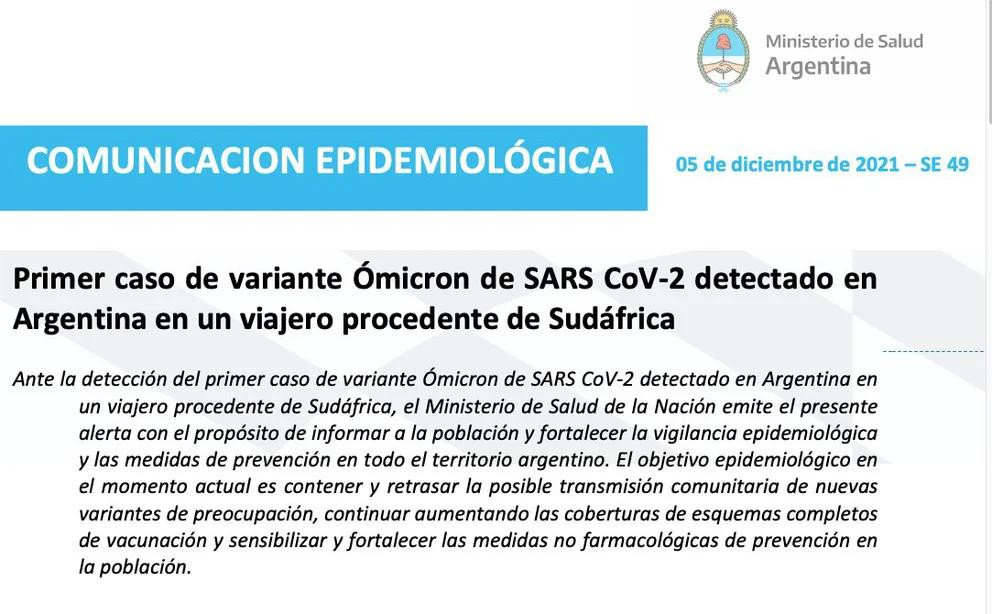 Primer caso de variante Ómicron en Argentina