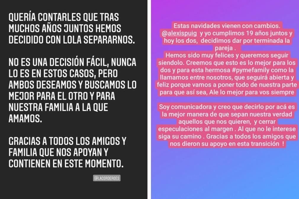 Los posteos de Alexis Puig y Lola Cordero. (Instagram)