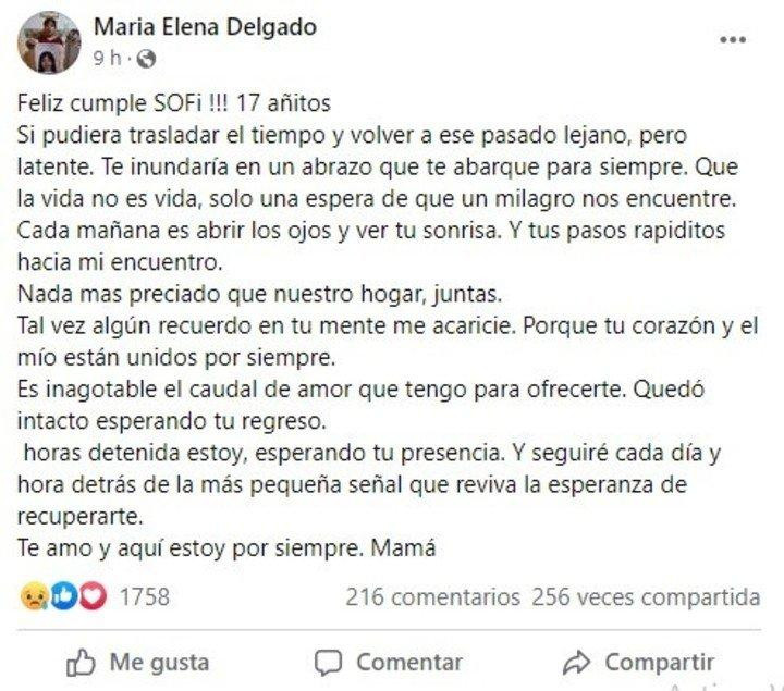 Mensaje de la madre de Sofía Herrera en su cumpleaños 17