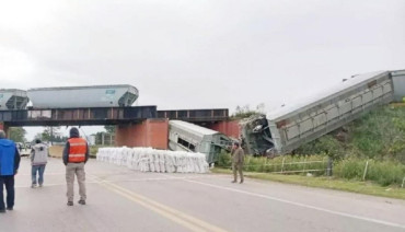 Rosario: descarriló tren de carga y dos vagones cayeron desde un puente a la ruta