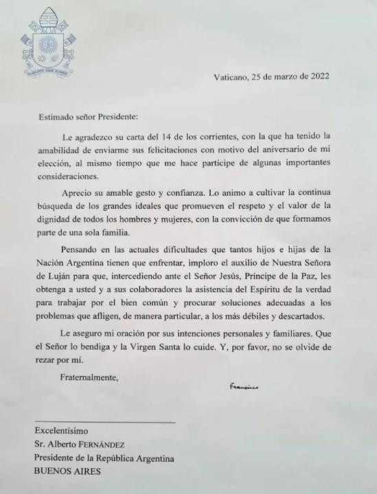 Carta del Papa Francisco a Alberto Fernández