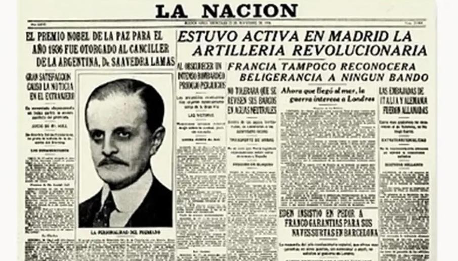 La noticia de que Saavedra Lamas ganó el Nobel de la Paz. Foto: Archivo La Nación.