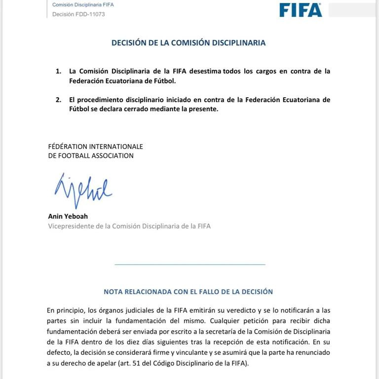 Fallo de FIFA. Foto: web FIFA.