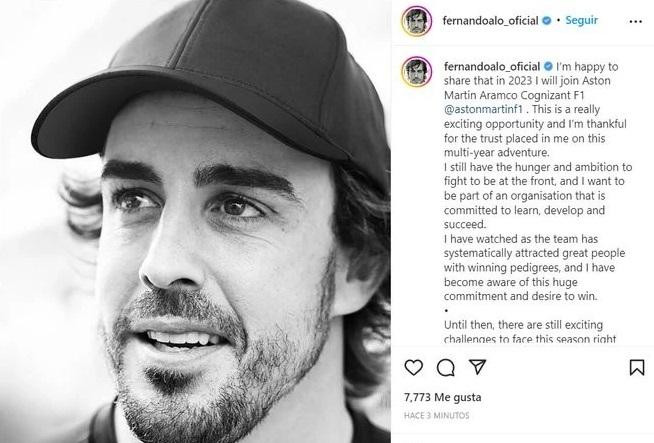 Mensaje de Fernando Alonso en redes sociales, Fórmula 1