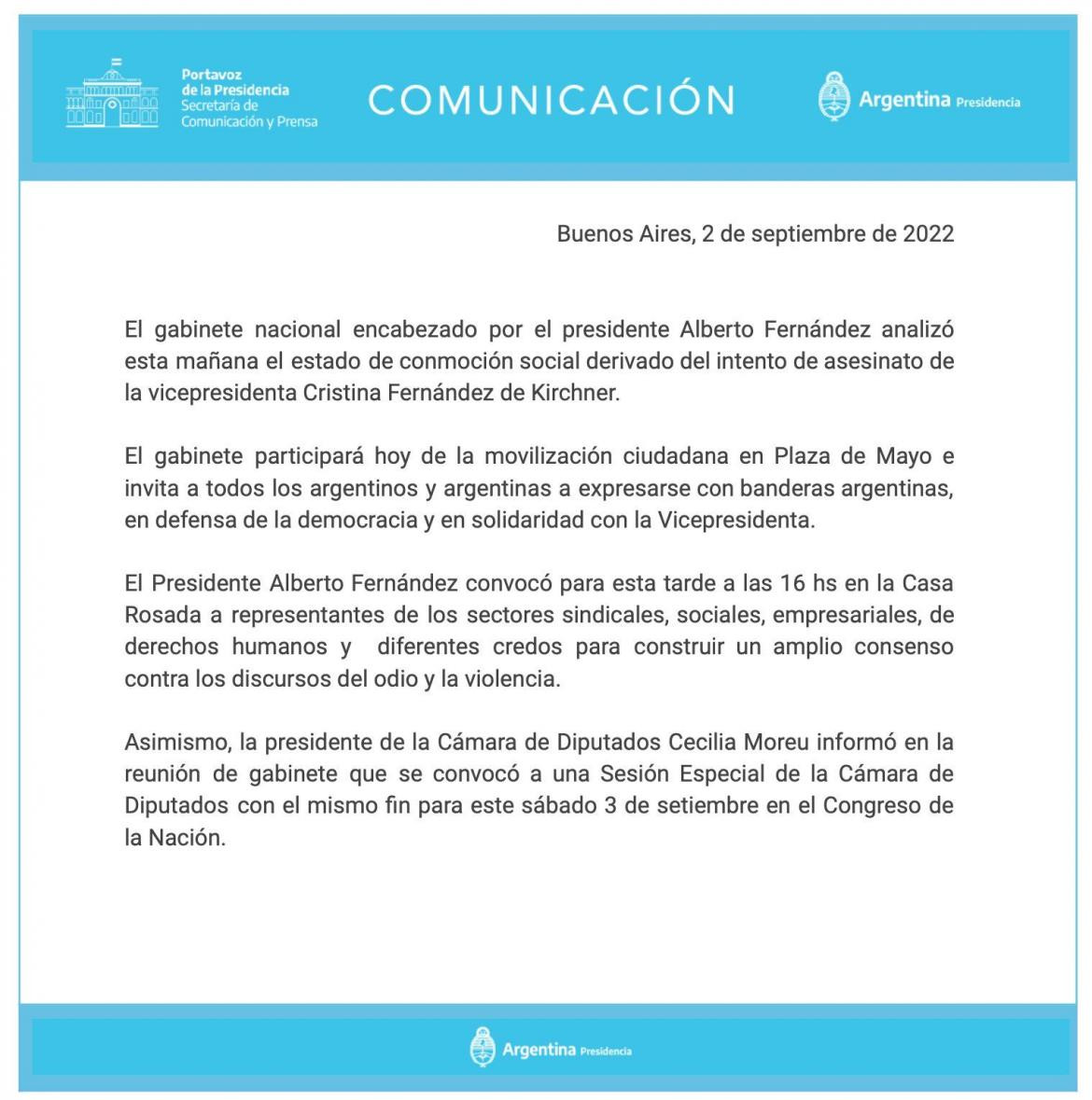 Comunicado de Presidencia tras reunión de Gabinete tras atentado a Cristina Kirchner. Foto: Prensa.