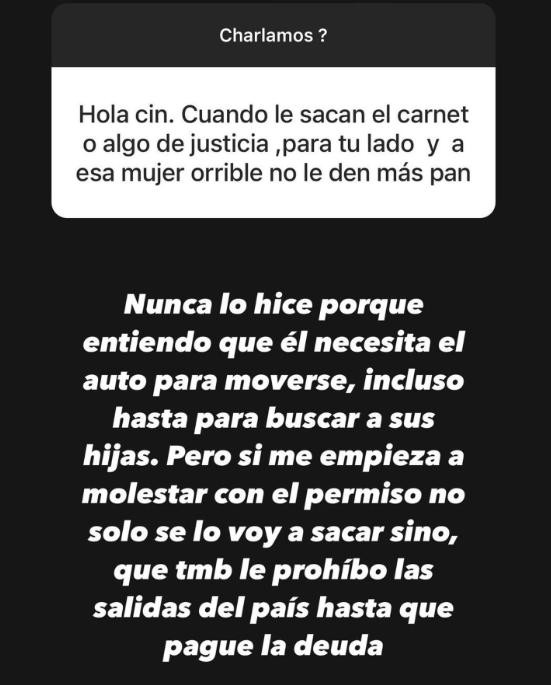 Mensaje de Cinthia Fernández contra Matías Defederico en Instagram. Foto: NA.
