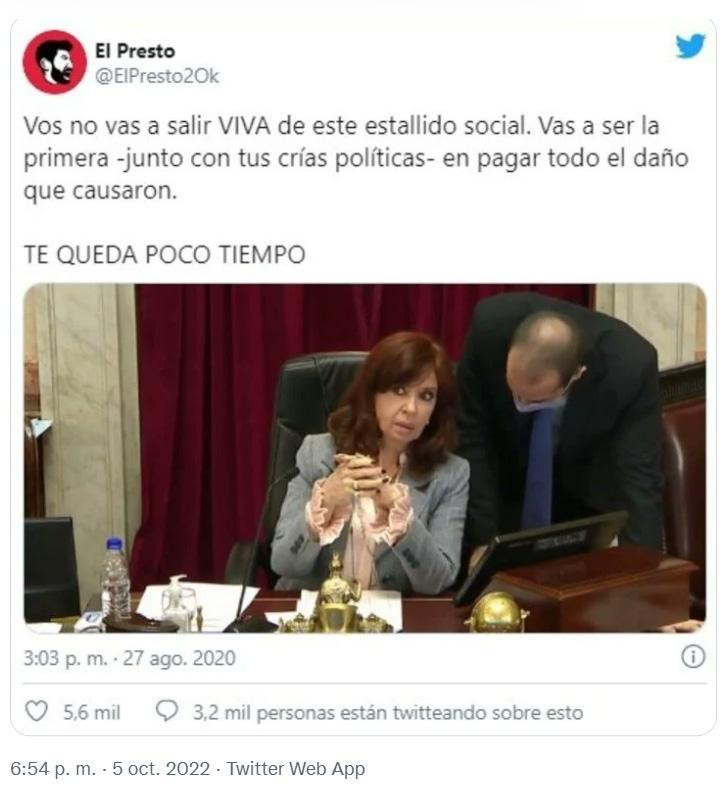 El Presto, mensaje de amenaza a Cristina Kirchner