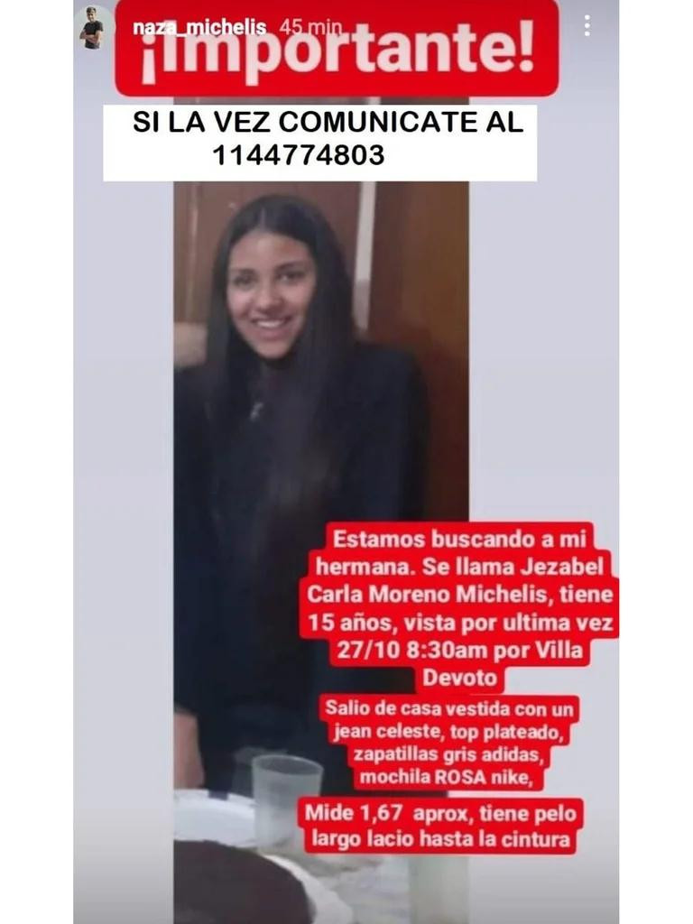 Jezabel Michelis, adolescente desaparecida en Villa Devoto. Foto: Instagram