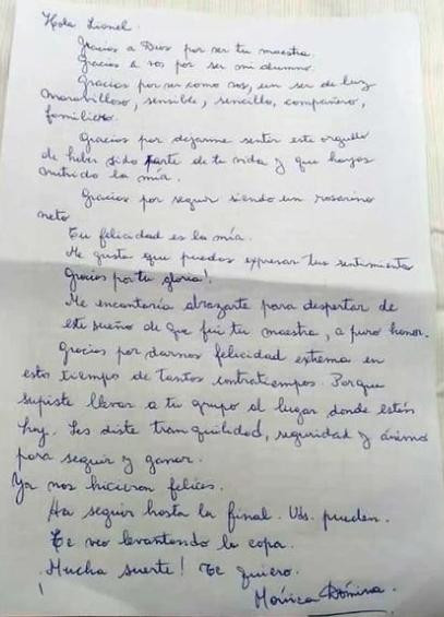 Carta de Mónica Dómina, maestra de Messi. Foto: NA.