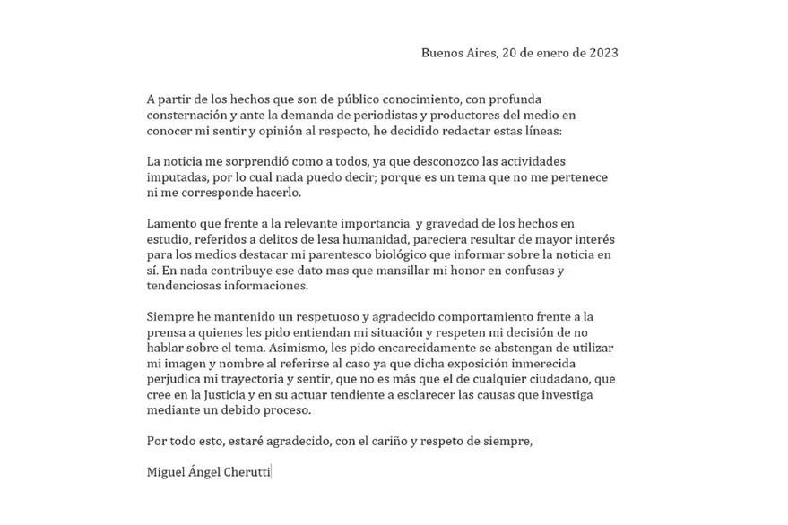 Comunicado de Miguel Ángel Cherutti tras el pedido de captura de su hermano.