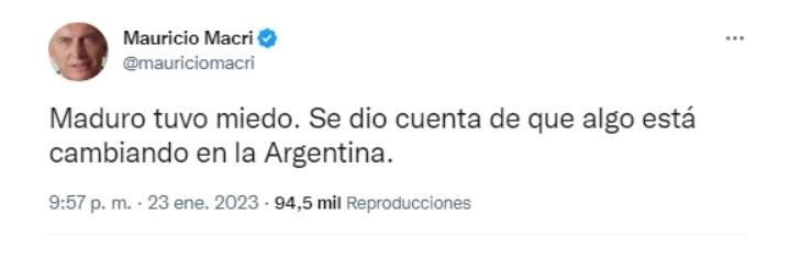 Tuit de Mauricio Macri contra Nicolás Maduro