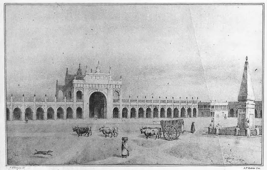 Litografía de César Bacle de la Recova y la Plaza de la Victoria. 1835. 