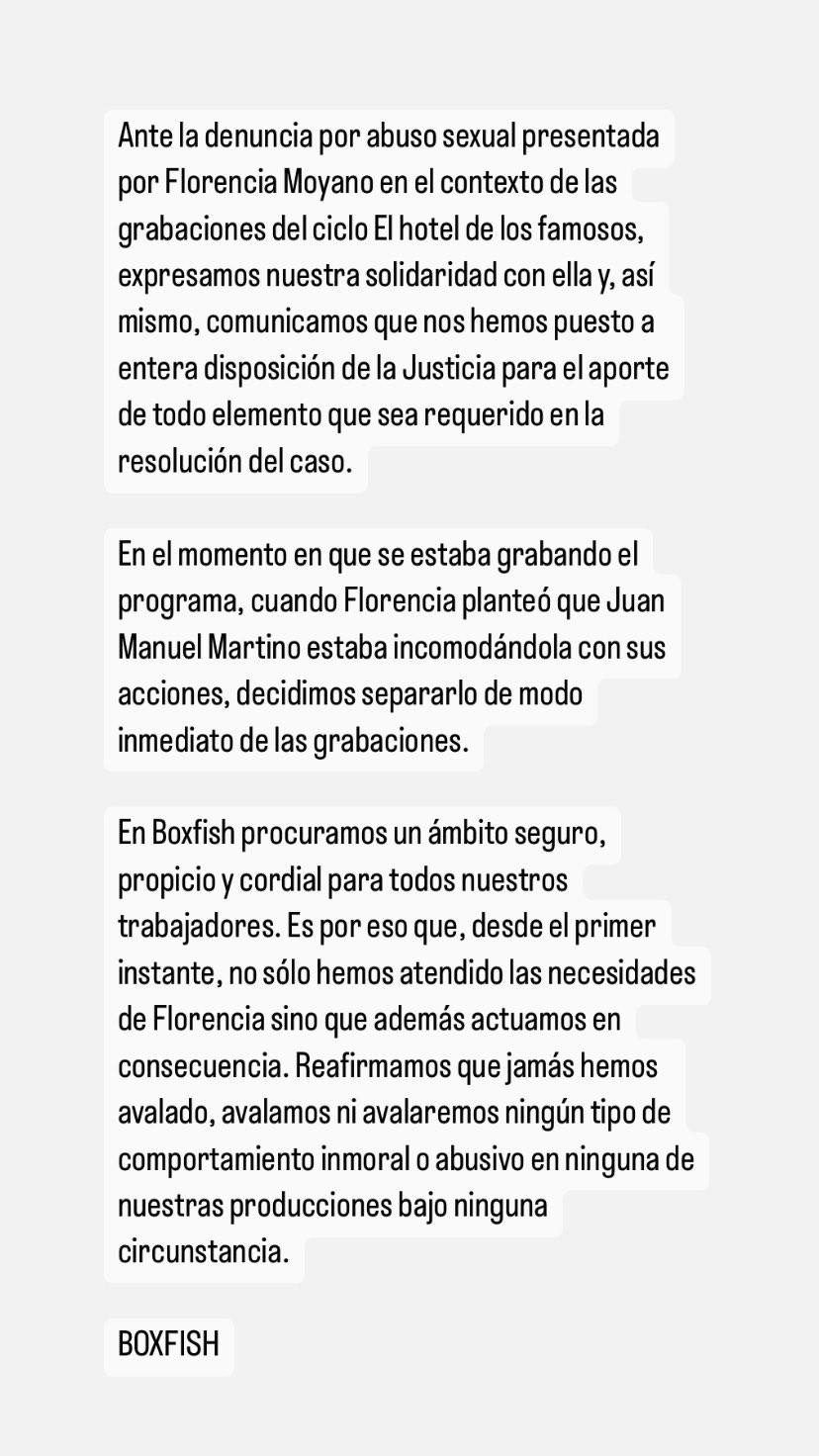 El comunicado oficial de la productora Boxfish, tras la denuncia de Flor Moyano a Juan Martino. Foto: Instagram @boxfishtv.