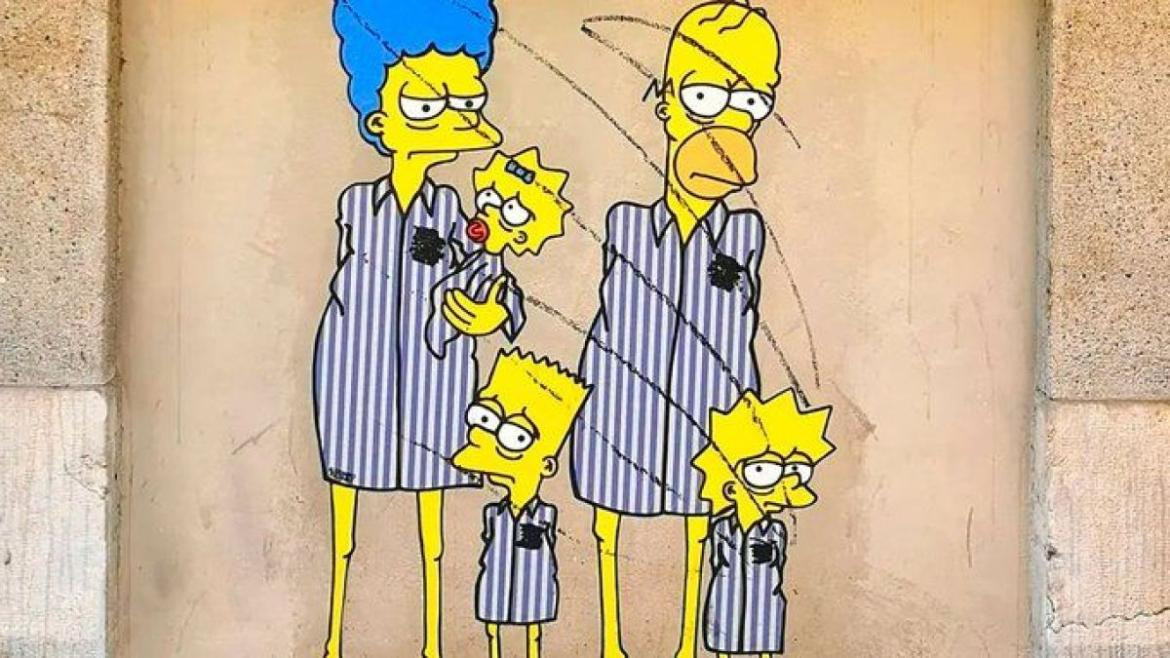 Mural vandalizado de Los Simpson en homenaje al holocausto en Milan.