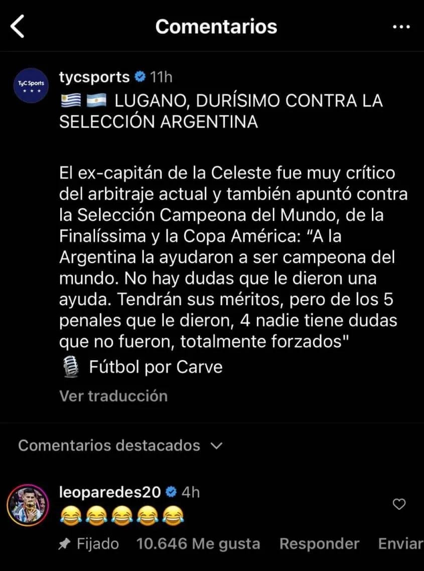 La reacción de Leandro Paredes ante los dichos de Diego Lugano. Foto: Captura de pantalla.
