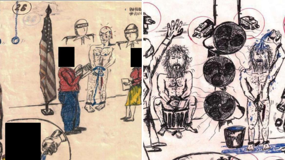 Dibujos de las torturas practicadas por la CIA. Foto: Canal 26.