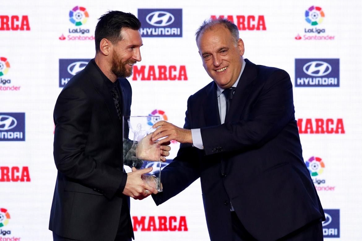 Javier Tebas y Lionel Messi, fútbol español. Foto: Reuters