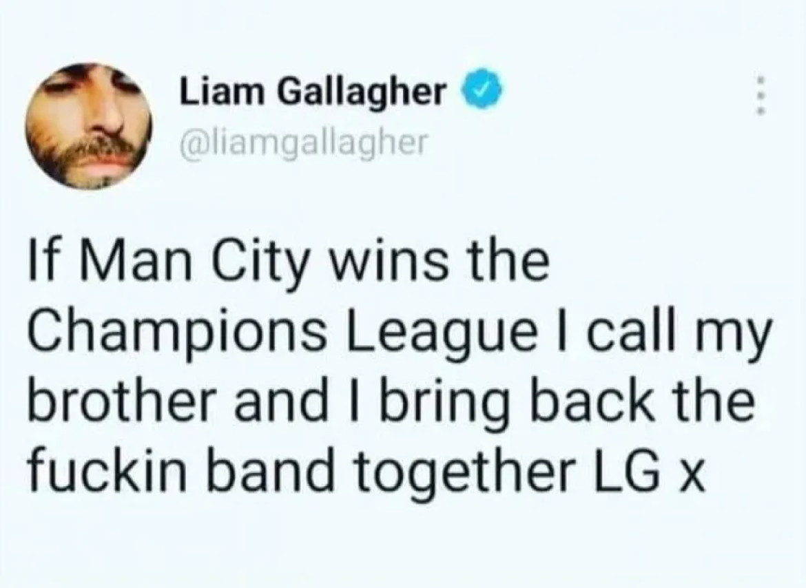 Liam Gallagher prometió reunir a Oasis si Manchester City ganaba la Champions League. Foto: Twitter.