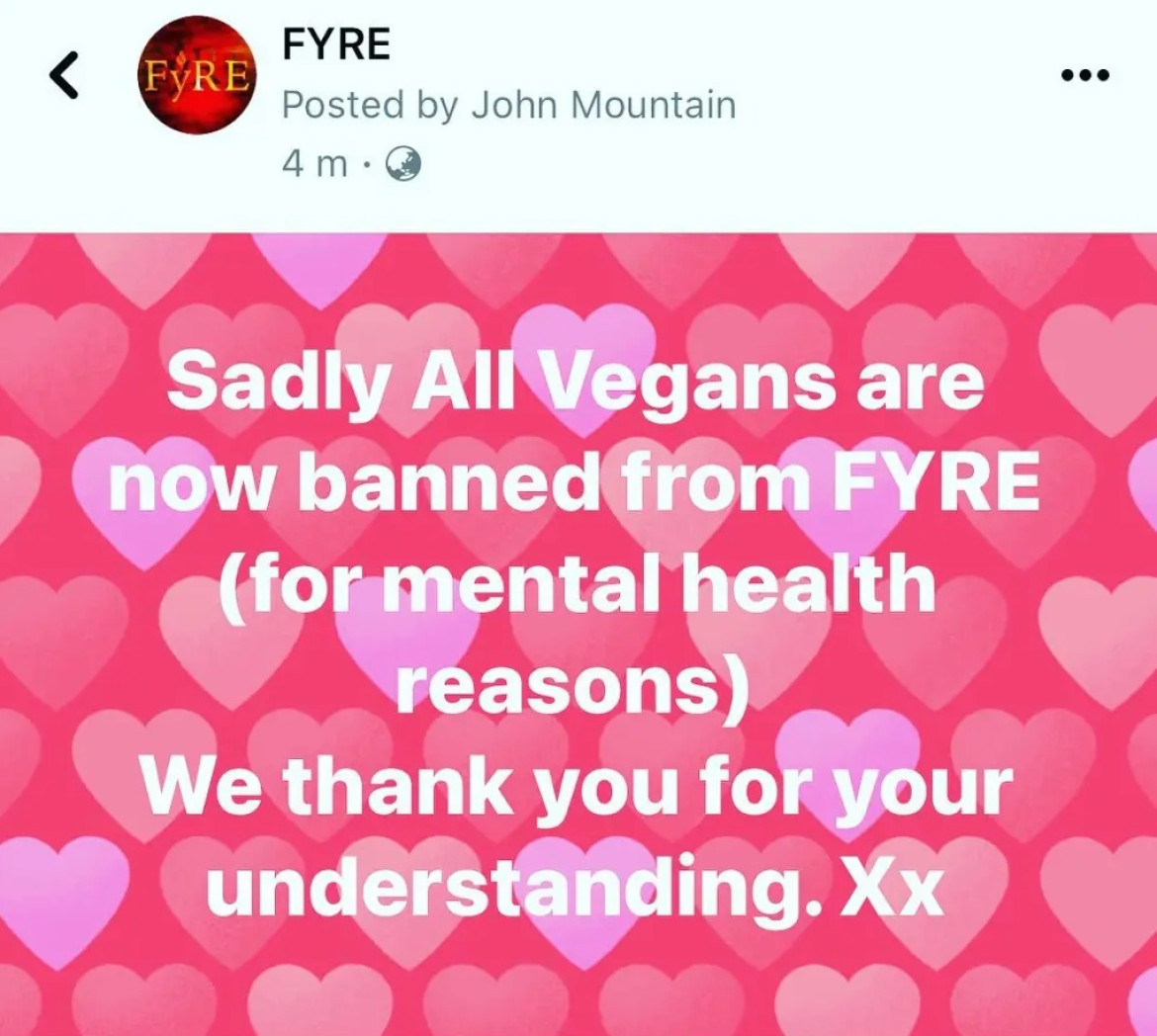 La publicación de Facebook donde Fyre anunció que prohíben a quienes sean veganos en el restaurante. Foto: FYRE/Facebook