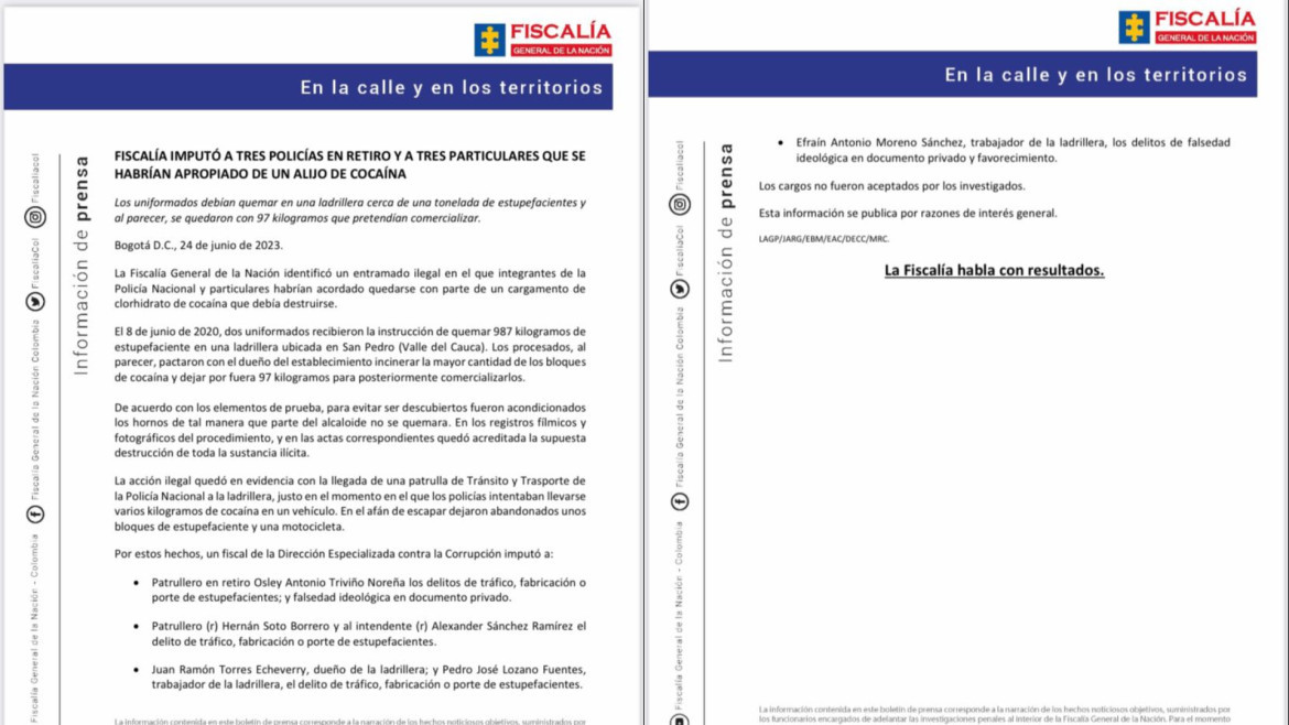 Informe de la Fiscalía de Colombia sobre el caso. Foto: Twitter FiscaliaCol.
