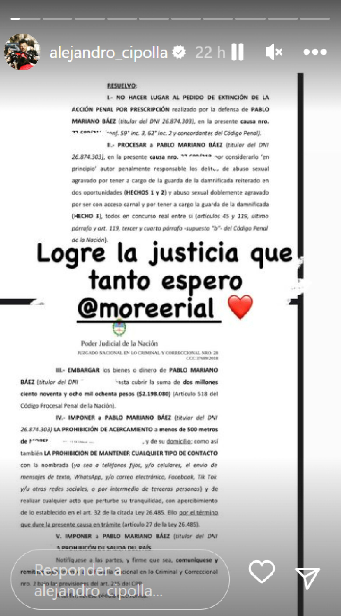 Alejandro Cipolla luego del fallo judicial en el caso de exchofer de Jorge Rial. Foto: Instagram.