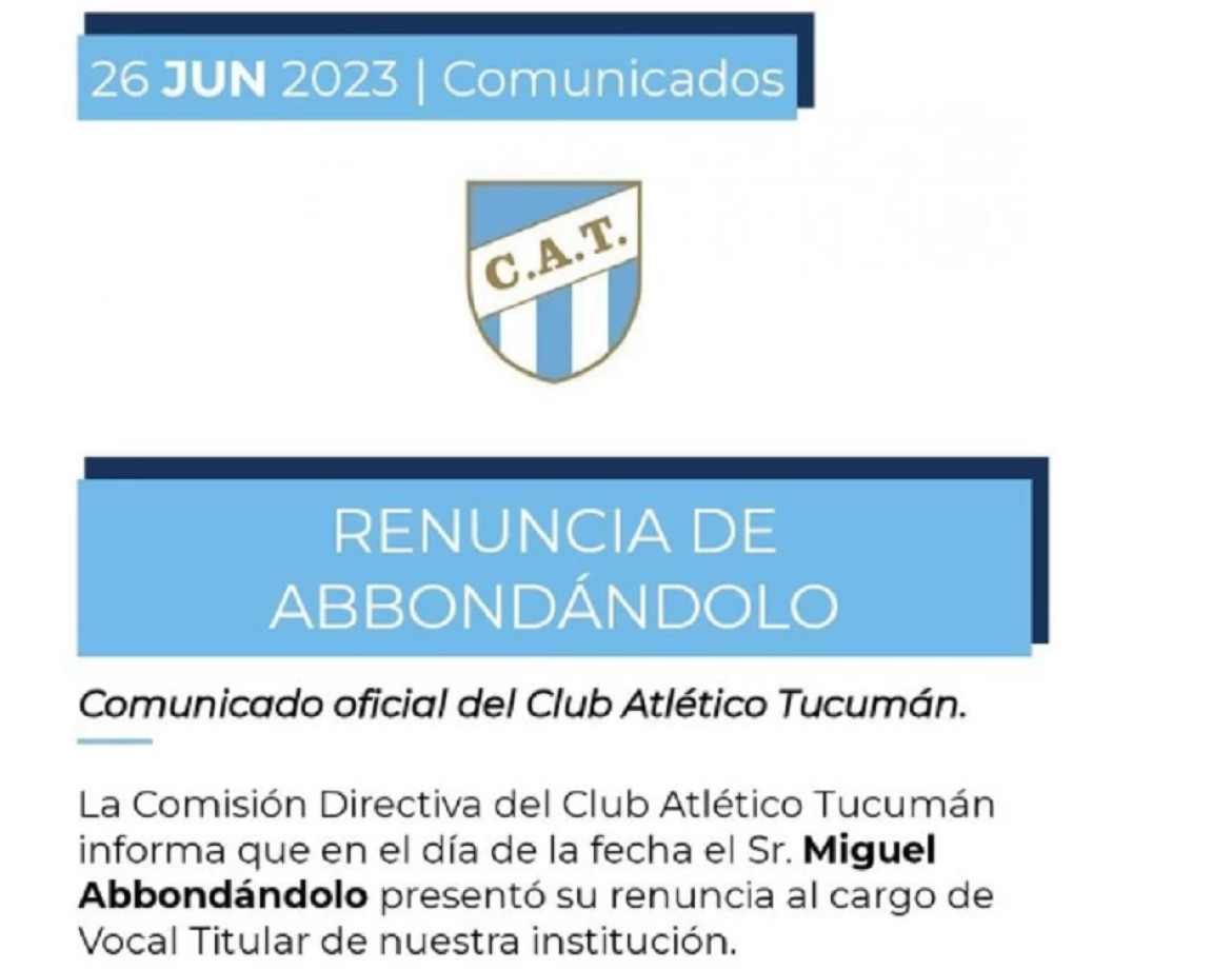 Comunicado de Atlético Tucumán. Foto: web Atlético Tucumán
