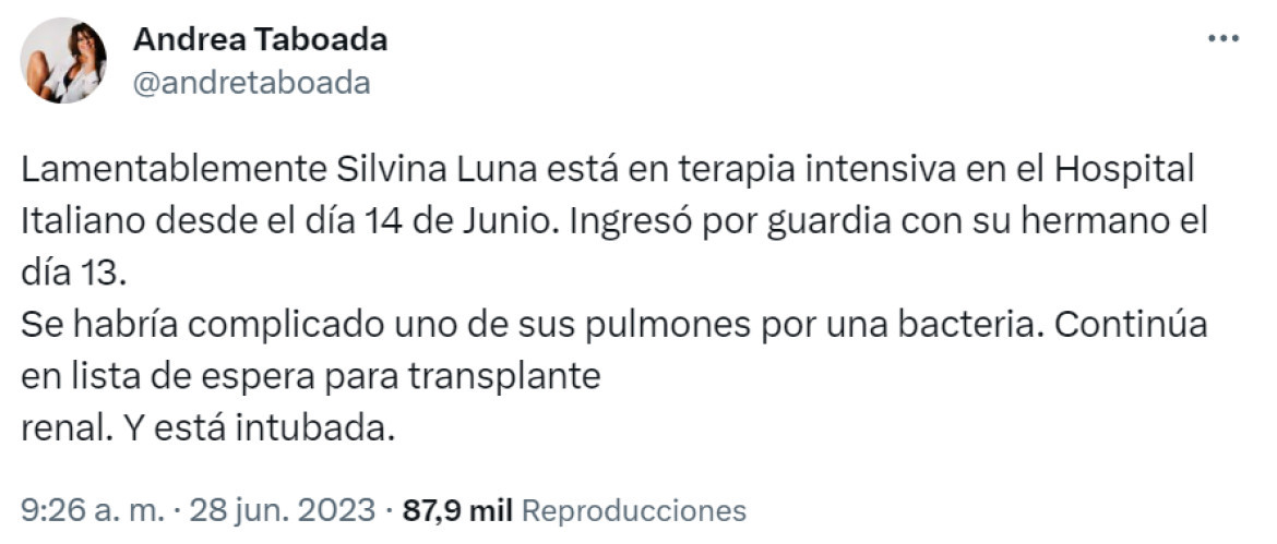 Andrea Taboada brindó más info sobre Silvina Luna. Foto: Twitter,