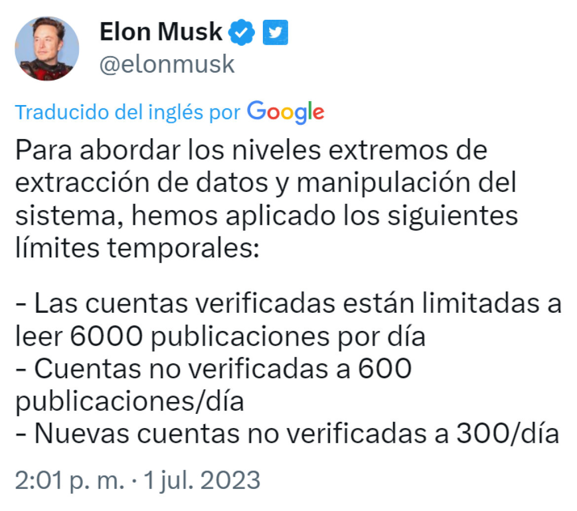 Mensaje de Elon Musk para limitar Twitter. Foto: Twitter.
