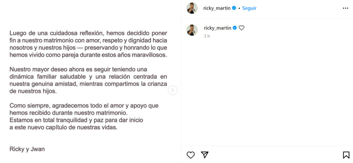El anuncio de Ricky Martin. Foto: Instagram.