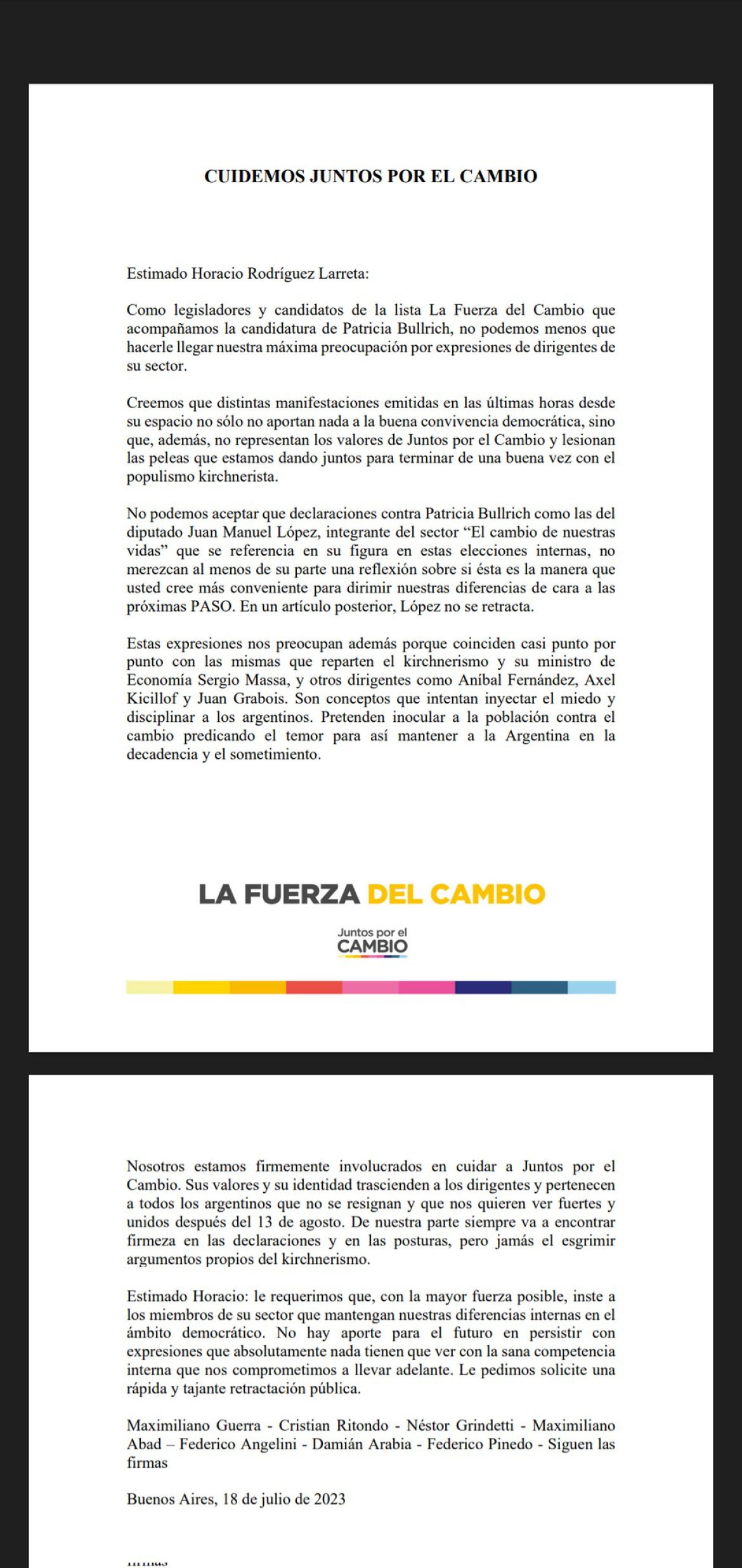 El comunicado de candidatos cercanos a Patricia Bullrich dirigido a Horacio Rodríguez Larreta. Foto: Twitter.