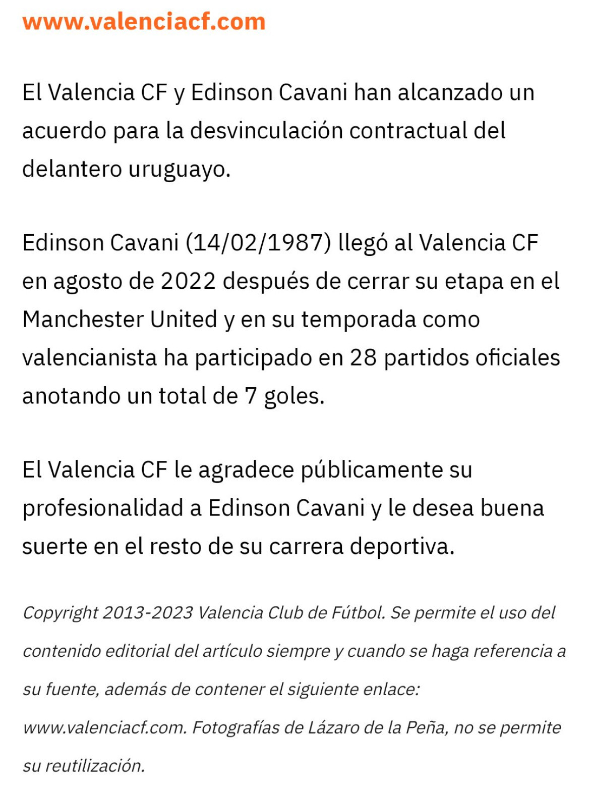 Comunicado del Valencia por la salida de Edinson Cavani. Foto: Sitio oficial del Valencia.
