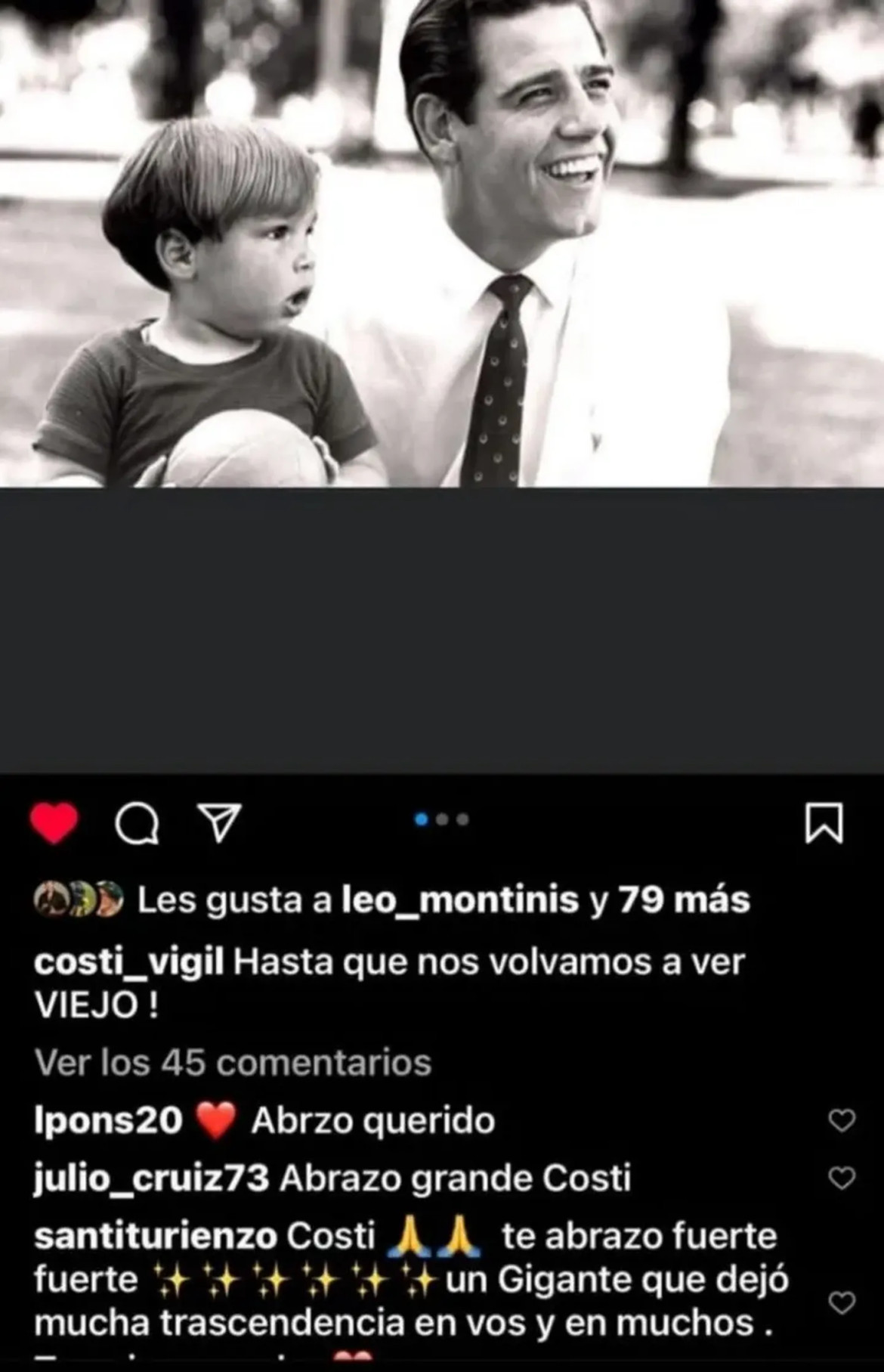El mensaje que publicó su hijo en las redes sociales. Captura: Instagram @costi_vigil