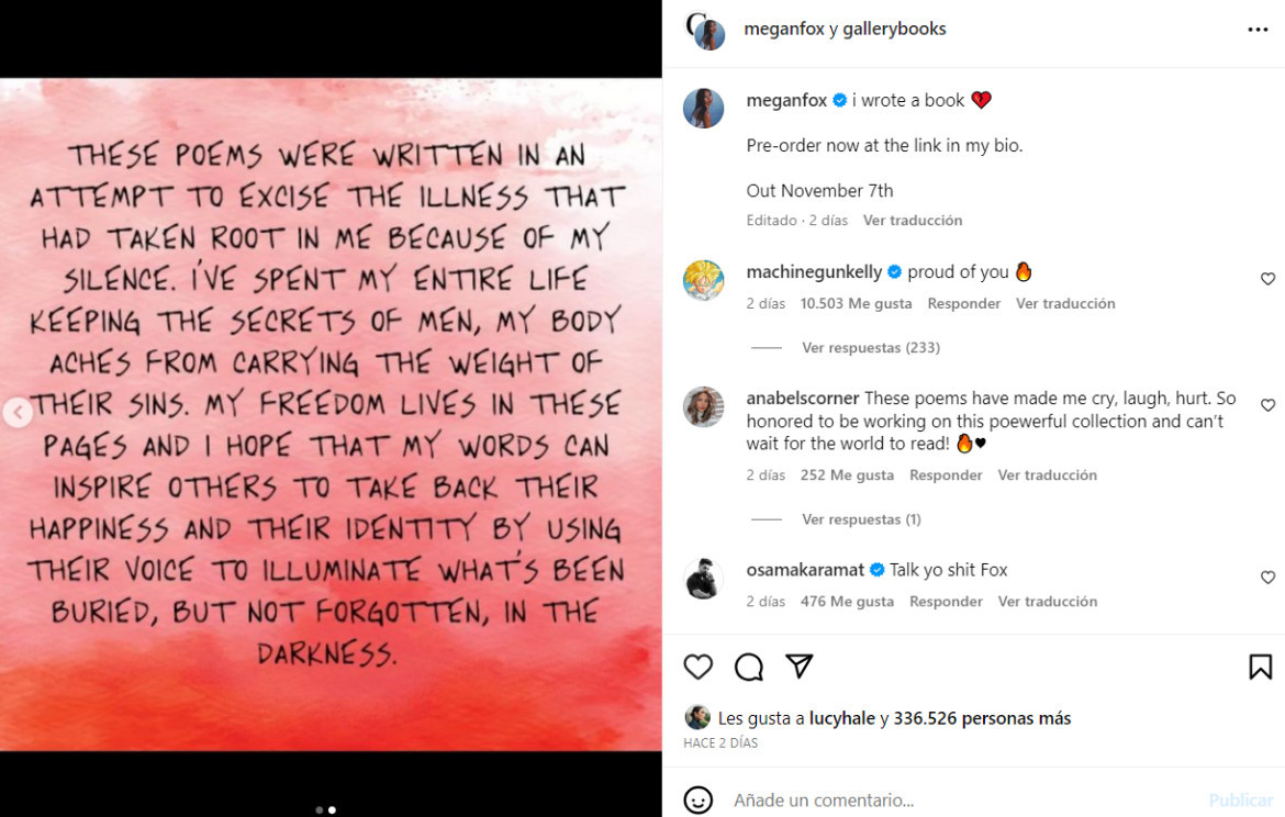 Megan Fox publicará un libro de poemas. Foto: Instagram.