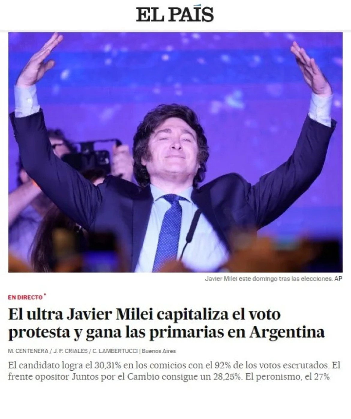 El País sobre el triunfo de Javier Milei
