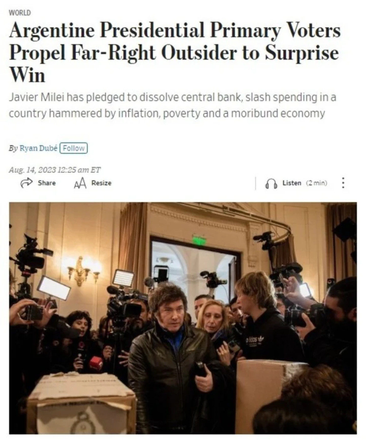 The Wall Street Journal le dedicó un espacio en su portada a la "victoria sorpresa" de Milei
