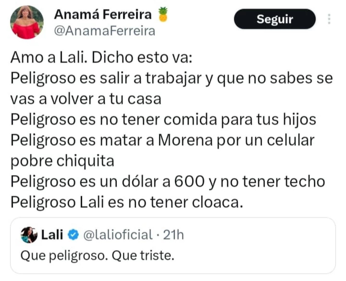 Anamá Ferreira en contra de Lali. Foto: NA.