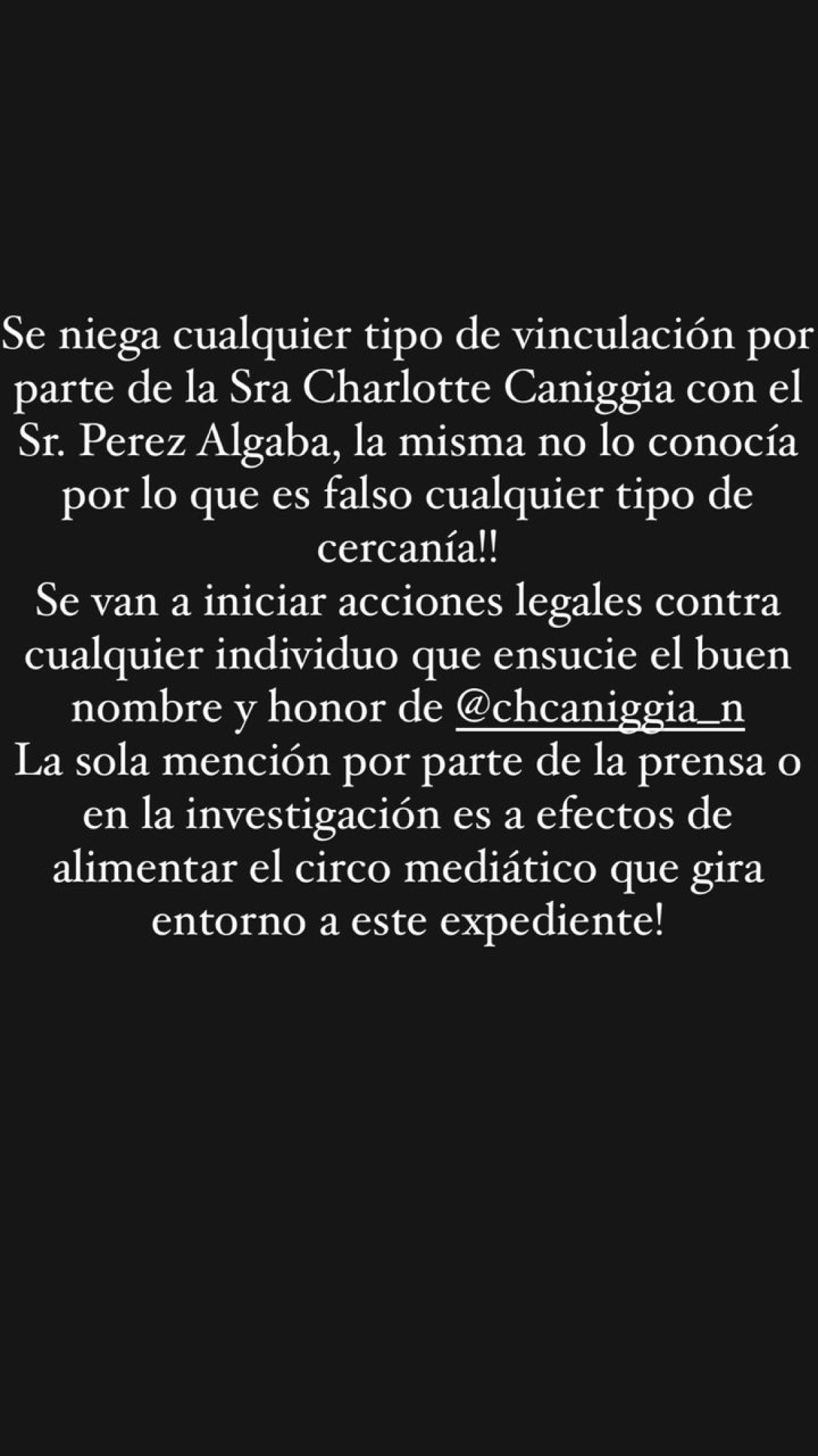 El comunicado de Charlotte Caniggia por medio de Alejandro Cipolla. Foto: captura de pantalla.