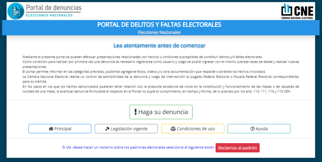 Portal oficial de denuncias electorales. Foto: Captura CNE