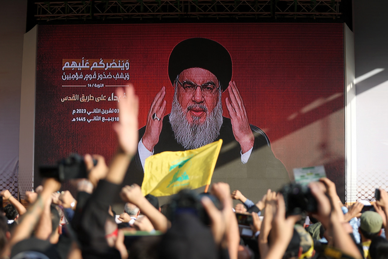 El líder del grupo libanés Hezbollah, Hasán Nasrala, durante su discurso. Foto: Reuters.