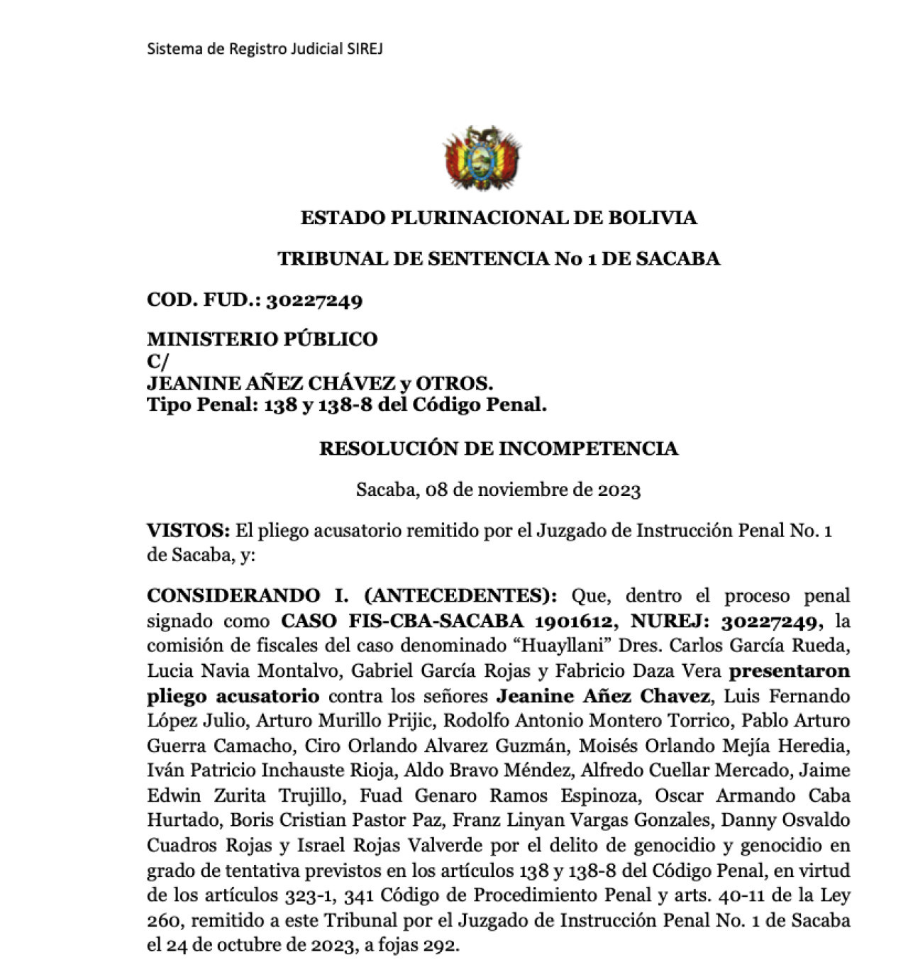 La sentencia del tribunal a Jeanine Áñez, la expresidenta interina de Bolivia. Foto: X @JeanineAnez.