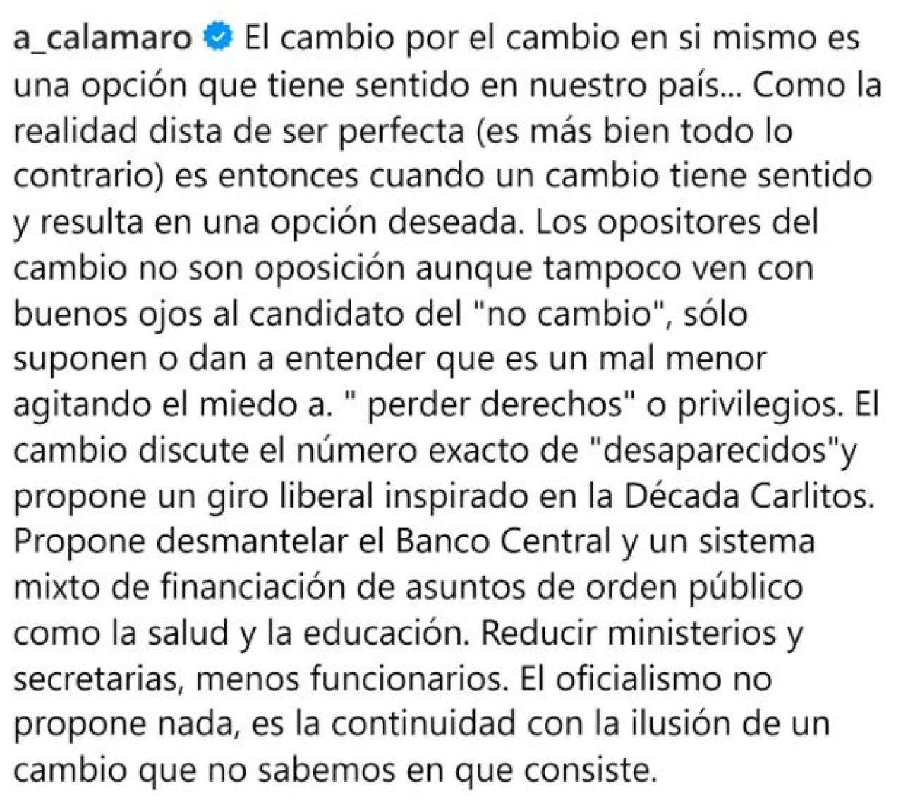 La publicación de Andrés Calamaro en apoyo a Javier Milei (Parte 1). Instagram @a_calamaro.