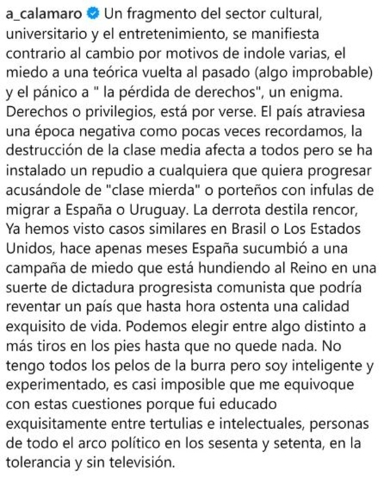 La publicación de Andrés Calamaro en apoyo a Javier Milei (Parte 2). Instagram @a_calamaro.
