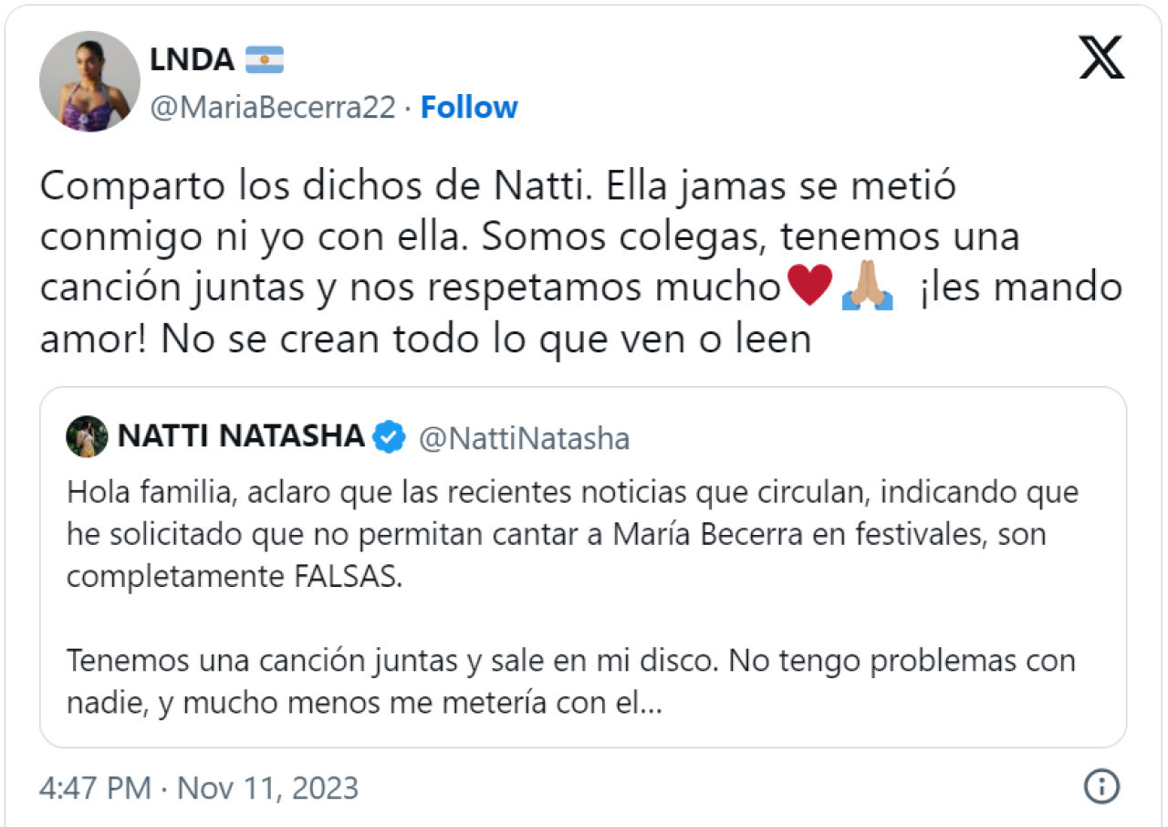 María Becerra desmintió los rumores que señalaban a Natti Natasha. Foto: Twitter.