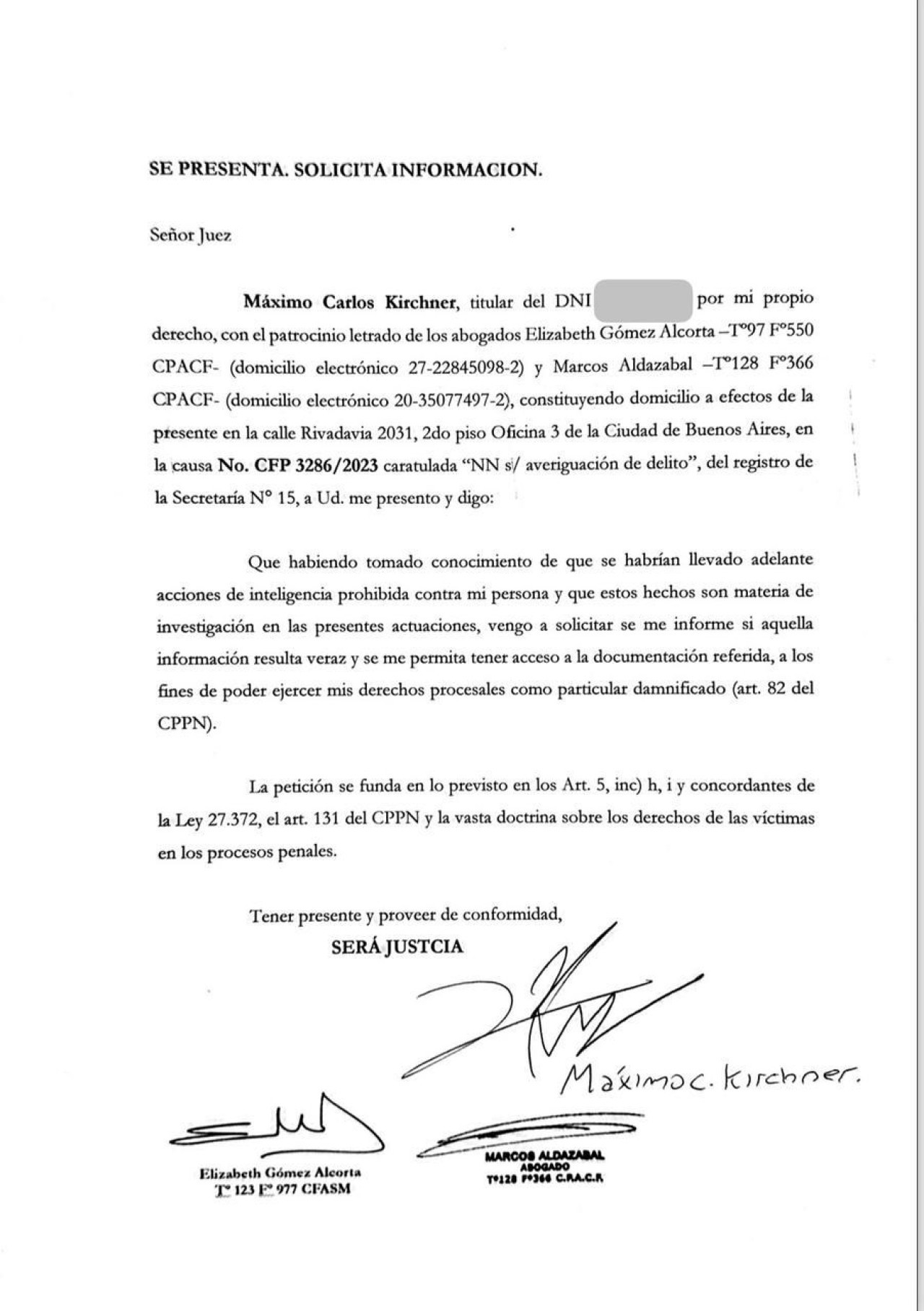 Escrito presentado por Máximo Kirchner.
